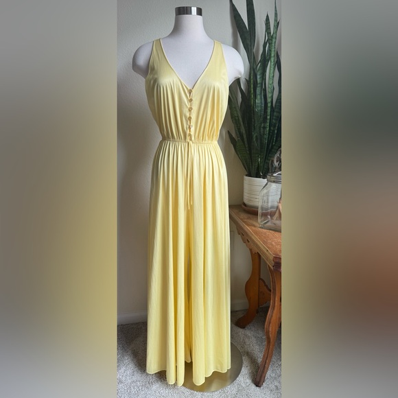 Romcom Core Butter Yellow‎ Vintage Jumpsuit Union Made USA 70s Wide Leg Glam M - Picture 1 of 9